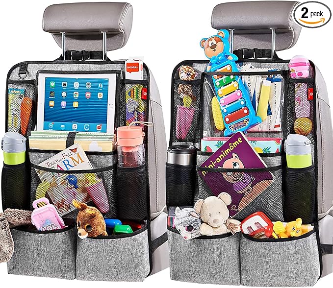 Backseat Car Organizer, Kick Mats Back Seat Protector with Touch Screen Tablet Holder, Organizer for Kids, Travel Accessories, Mat 9 Storage Pockets 2 Pack