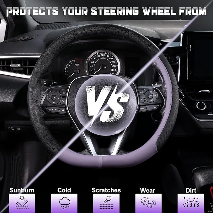 D Shaped Steering Wheel Cover for 14.5-15 inch Flat Bottom Wheels, Breathable Perforated Microfiber Leather, Anti-Slip Grip, Universal Fit for Cars & SUVs, Black and Light Purple