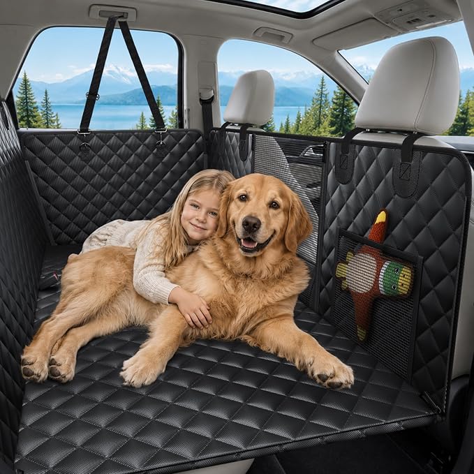 Waterproof Hard Bottom Back Seat Extender for Dogs XL, Truck SUV Cover | Honeycomb board holds 500lbs, non-slip dog hammock for truck SUV back seat. For large dogs, fits most trucks & full-size SUV