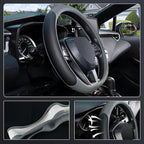 D Shaped Steering Wheel Cover for 14.5-15 inch Flat Bottom Wheels, Breathable Perforated Microfiber Leather, Anti-Slip Grip, Universal Fit for Cars & SUVs, Black and Gray