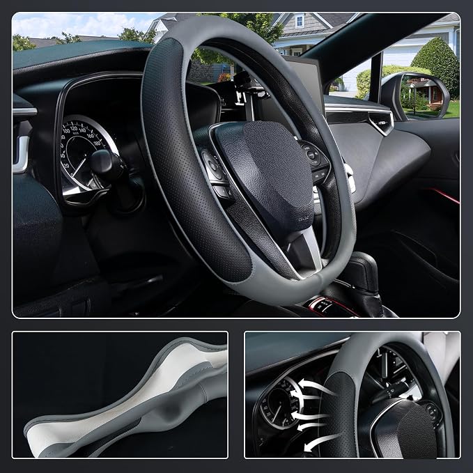 D Shaped Steering Wheel Cover for 14.5-15 inch Flat Bottom Wheels, Breathable Perforated Microfiber Leather, Anti-Slip Grip, Universal Fit for Cars & SUVs, Black and Gray