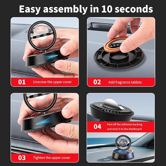Kwak’s Solar-Powered Rotating Car Aromatherapy Auto-Spinning Ornament with Refillable Scent Pad, Subtle Ocean Fragrance, Ideal Gift for Men Women Dad Husband for Dashboard (Black-1)