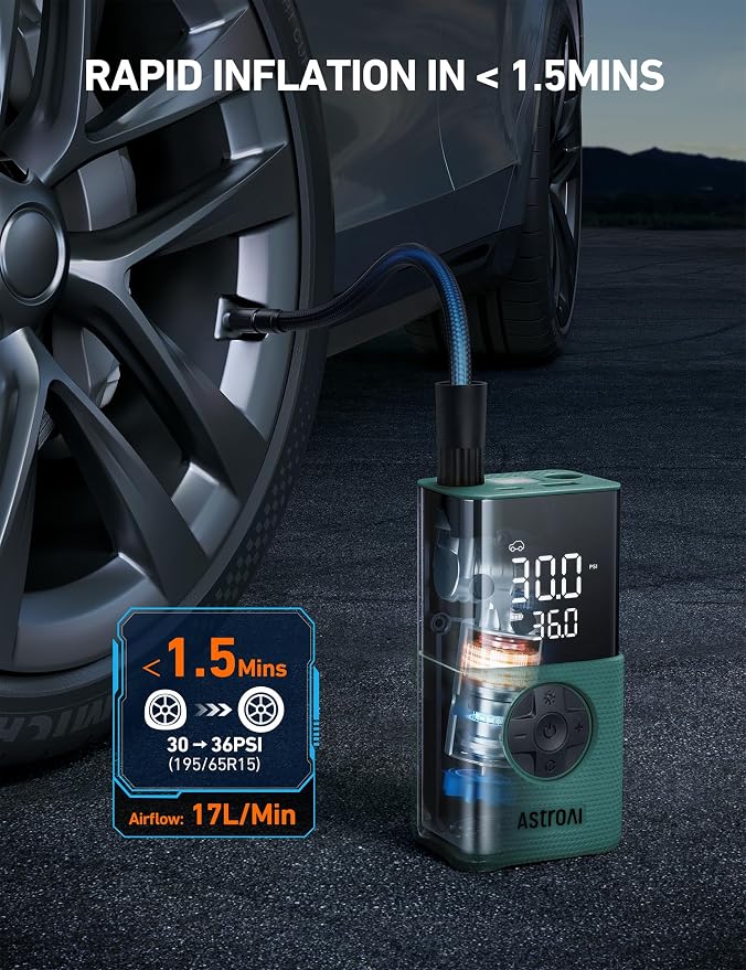 L7S Tire Inflator Portable Air Compressor Cordless with Digital Pressure Gauge, 150 PSI LED Light Bike Air Pump with Fast Inflation & Auto Shut-Off for Car Tires,Motorcycles,Bikes,Balls,Green