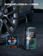 L7S Tire Inflator Portable Air Compressor Cordless with Digital Pressure Gauge, 150 PSI LED Light Bike Air Pump with Fast Inflation & Auto Shut-Off for Car Tires,Motorcycles,Bikes,Balls,Green