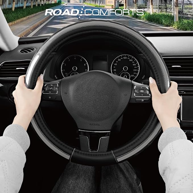 Leather Steering Wheel Cover – Black & Gray, Universal Fit 14.5-15 Inch, Microfiber Leather, Anti-Slip & Breathable Design for Men and Women
