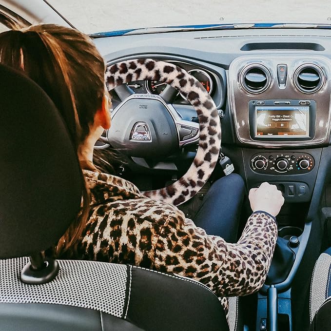 Fuzzy Steering Wheel Cover for Women Girls, Universal Fit 15 inch Fur Car Wheel Cover & Handbrake Cover & Gear Shift Cover Set, Fashion Leopard Winter Warm Fluffy Vehicle Wheel Protector