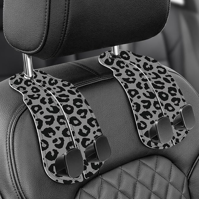 Purse Holder for Car, 2 Pack Heavy Duty Purse Hanger for Car, PU Leather Car Seat Hooks for Purses and Bags, Cute Leopard Print Headrest Organizer for Handbags & Backpacks