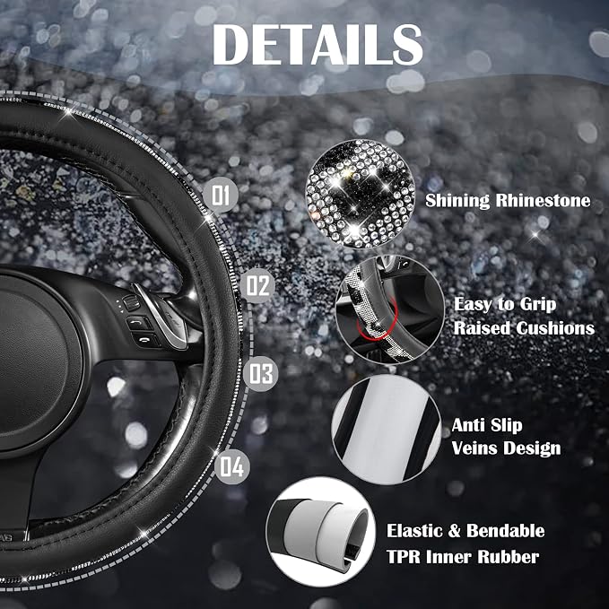 Bling Cow Print Diamond Steering Wheel Cover, with Sparkly Crystal Glitter Rhinestones Black Leather Car Wheel Protect for Women Girl Fit Suvs,Vans,Sedans,Cars,Trucks, 14" 1/2-15" Cow Design