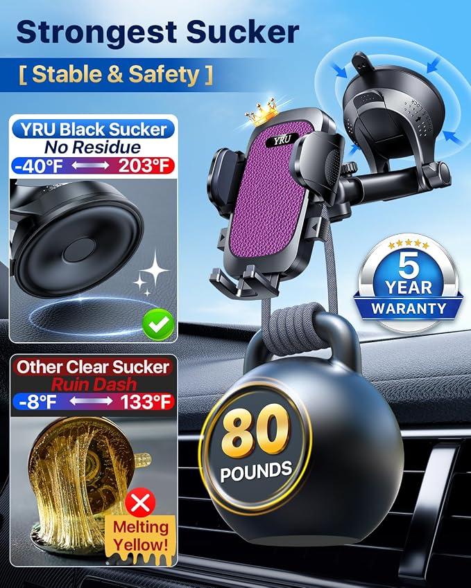 YRU [True Upgrade for Safety] Car Phone Holder Mount [Patent & Military-Grade] Dashboard Cell Phone Holder for Car Vent Windshield Phone Stand for iPhone 17 16 15 14 13 Pro Max Truck Samsung, Purple