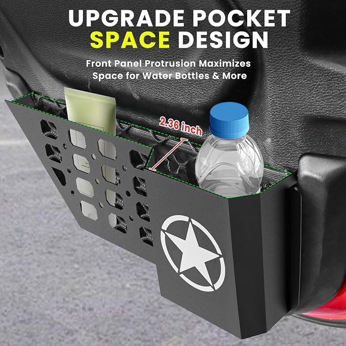 Metal Rear Door Storage Box Pockets Fit for Jeep Wrangler,Door Side Insert Organizer for Jeep Wrangler JL JLU 4XE 2018-2025 & Gladiator JT 2020-2025 Interior Door Storage Expansion Accessories 2PCS