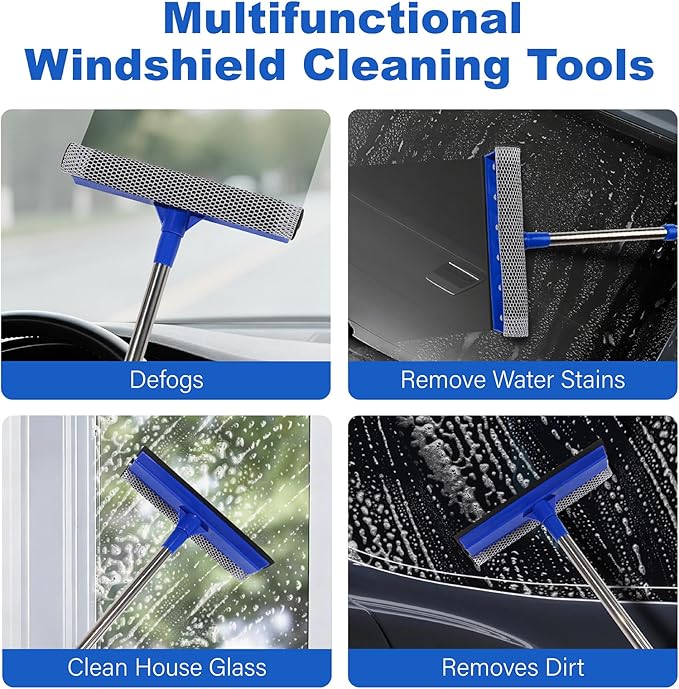 2-in-1 Car Windshield Squeegee and Sponge Scrubber for Cleaning and Washing, Rubber Blade Cleaner with Handle, Retractable car Wipers Suitable for All Vehicles, Blue