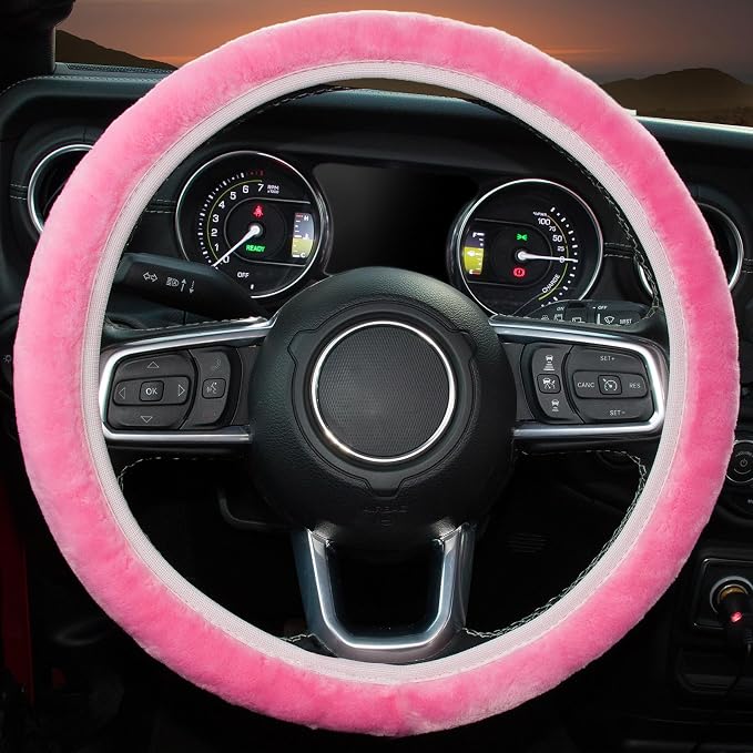 Pink Elastic Fuzzy Steering Wheel Cover,Microfiber Plush Steering Wheel Cover for Woman Girl,Winter Warm, Universal 15 inch