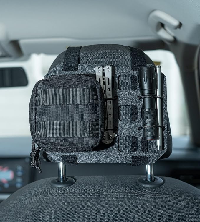 Car Headrest Organizer MOLLE Panel for Vehicle Seat Back EDC Pouch Tool Holster Bag Gadget Holder Backpack Insert Panel Tactical Gear Rack Truck Equipment Plate Modular Storage Shelf