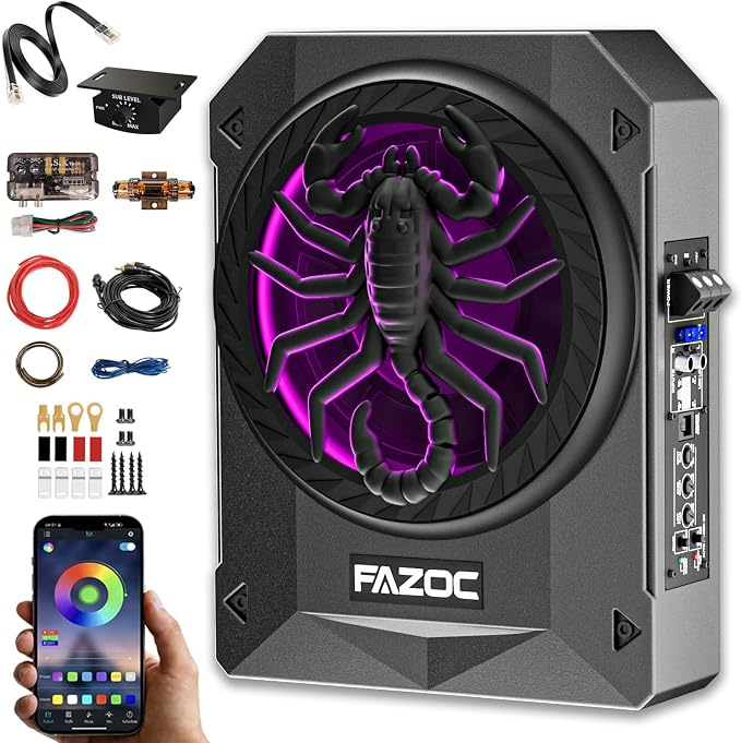 Car Underseat Subwoofer Amp – 10" 1200W RGB, fits SUV/Truck,Scorpion | Powered sub and amp package with adjustable gain, bass boost & low pass, plus beat-synced RGB lighting for under-seat install