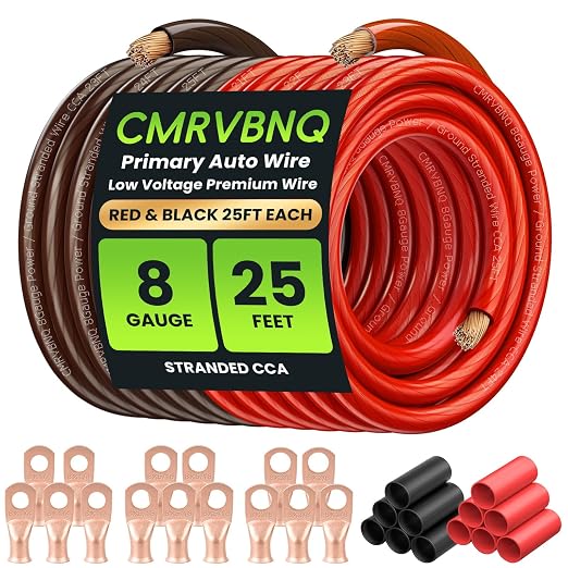 8 Gauge Battery Cable CCA Wire Kit, 25ft Each Red Black with Terminals Heat Shrink Tubes Low Voltage Primary Automotive Power Ground Cable for Car Audio Amp Subwoofer RV Wiring