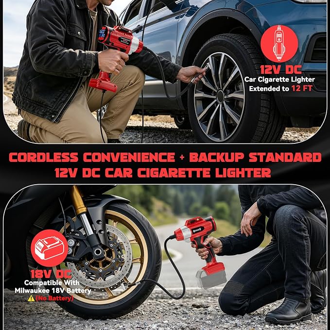 160PSI Cordless Tire Inflator Compatible with Milwaukee 18V Battery, DC 12V Portable Air Compressor with Digital Pressure Gauge, 2X Faster Air Pump for Car, SUVs, Motor, Ball (Tool Only)