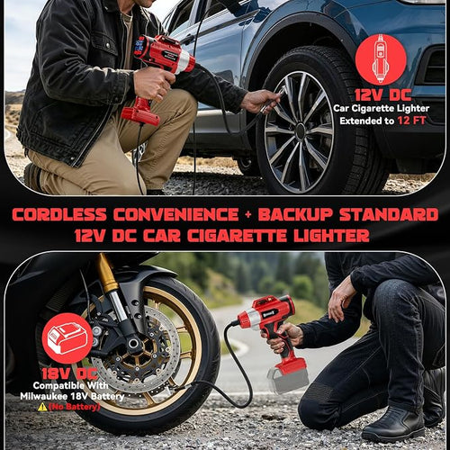 160PSI Cordless Tire Inflator Compatible with Milwaukee 18V Battery, DC 12V Portable Air Compressor with Digital Pressure Gauge, 2X Faster Air Pump for Car, SUVs, Motor, Ball (Tool Only)