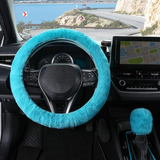 Furry Car Steering Wheel Cover with Gear Shift Cover, Soft and Warm, Cute Fluffy Auto Decor for Women Men, Standard Size, 2 PCS Set, Cyan