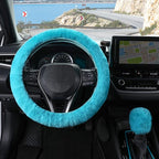 Furry Car Steering Wheel Cover with Gear Shift Cover, Soft and Warm, Cute Fluffy Auto Decor for Women Men, Standard Size, 2 PCS Set, Cyan