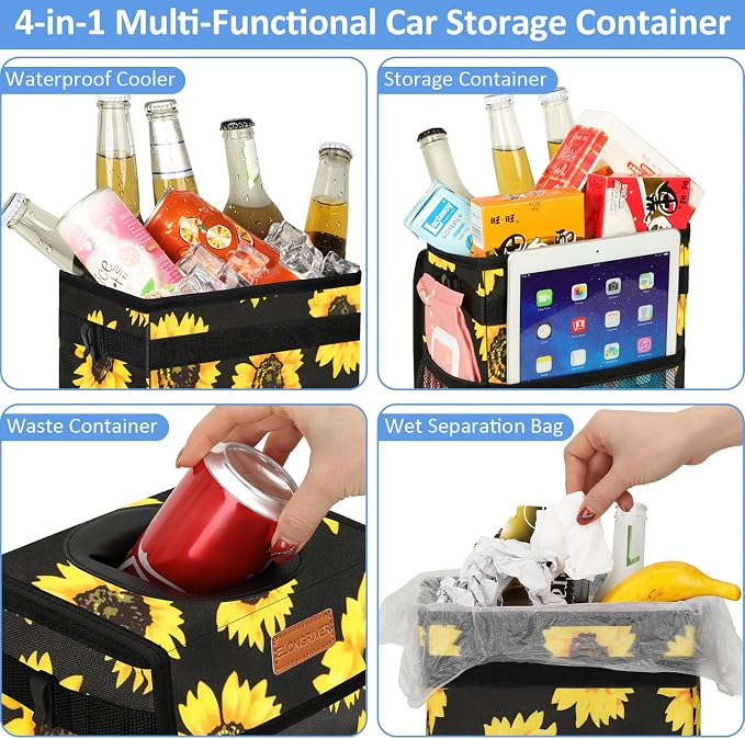 Car Trash Can Bin for Back Seat Leak Proof, Cute Car Trash Bag Hanging, Vehicle Trash Can for SUV Truck Van, Automotive Garbage Cans Front Seat Sunflower Floral