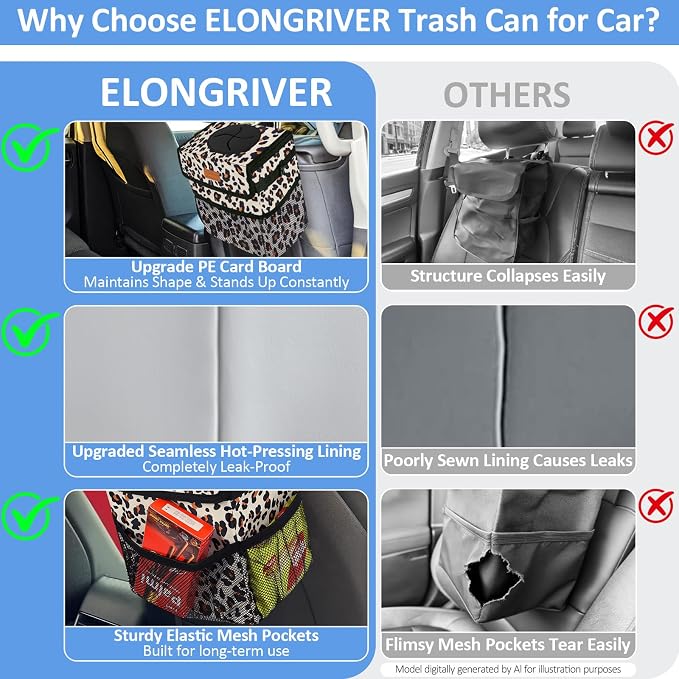 Car Trash Can Bin for Back Seat Leak Proof, Cute Car Trash Bag Hanging, Vehicle Trash Can for SUV Truck Van, Automotive Garbage Cans Front Seat Leopard Print