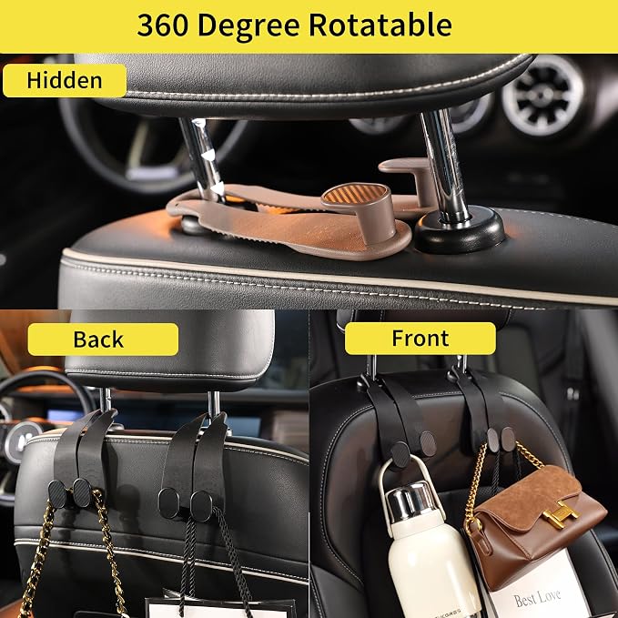 Purse Hook for Car Headrest, Silicone Car Seat Back Storage Hook, Twin Hooks Carbon Fiber Textured Car Headrest Hangers, Bag Holder for Sedan, Trucks, SUVs, Most Vehicles (Black-2PCS)