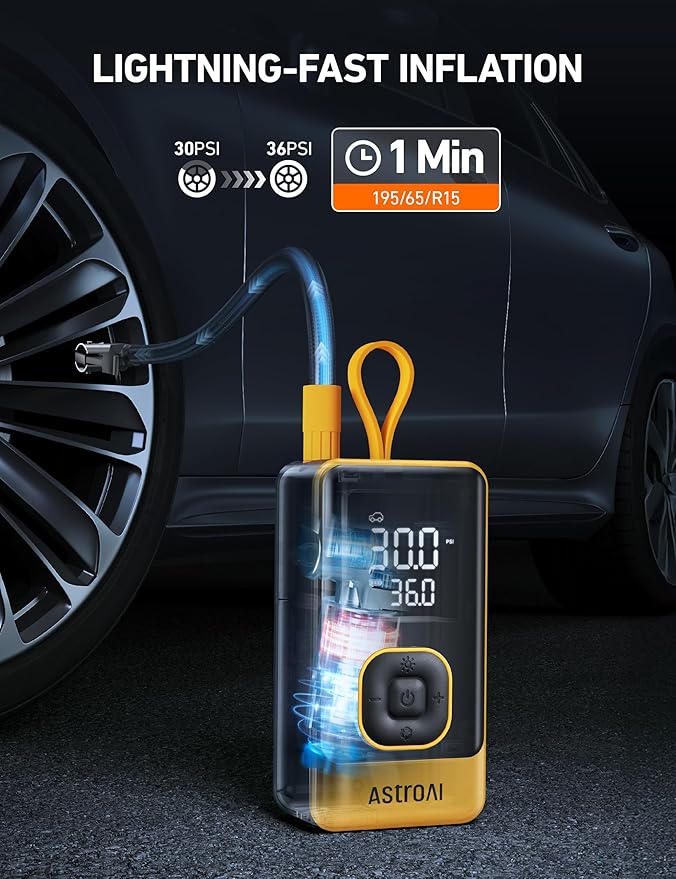 L7 Air Tire Inflator Portable Air Compressor, 150PSI Electric Cordless Car Pump with Digital Gauge, Fast 1-Min Inflation, Auto Shutoff, LED Light for Car, SUV, Motorcycle & Bike Tires, Yellow