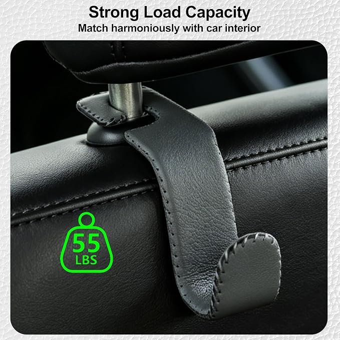 Car Seat Headrest Hook, Universal Vehicle Storage Hanger, Leather with Metal Car Seat Back Organizer for Handbag, Purse, Coat, Ergonomic Design, Gray 2 Pack