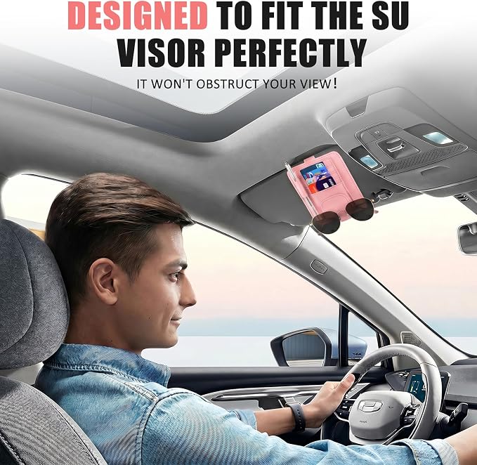 Sunglass Holder for Car Visor, Multi-Pocket Leather Car Sun Visor Organizer with Ticket Pens Card Clip, Sunglasses Holders,Suitable for All Size Eyeglasses,Car Accessories Keep Tidy (Pink)