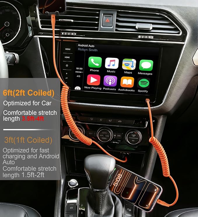 USB C to C Cable 6FT, 2Pack Coiled USB C Fast Charging Cable for CarPlay, iPhone USB-C Cable/Android Auto USB C Cord USB Type-C Cable for iPhone 17/16/15/Pro Max/Samsung Galaxy S26 S25 and More-Orange