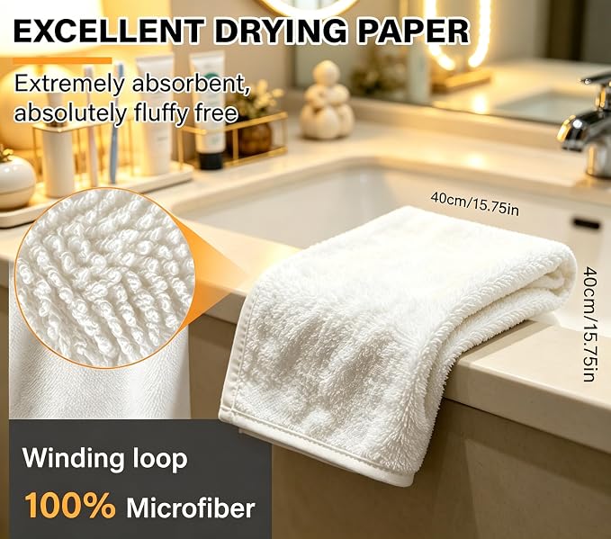 White Dual-Sided Microfiber Face Towels, 3pcs 16"x16" Ultra Absorbent Quick Dry Hair Towels, Exfoliating Face Cloths for Dead Skin, Makeup Remover & Sensitive Skin, Lint-Free Reusable Cleansing Cloths