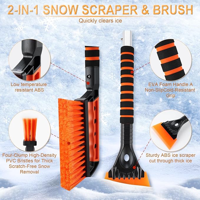 Ice Scraper and Snow Brush for Car Windshield, 24.75" Removable Snow Removal Tool, Automotive Exterior Accessories and Winter Essentials for Cars, Trucks, and SUVs,Orange