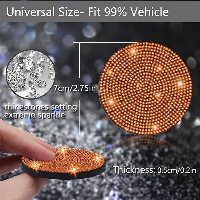 2pcs Bling Car Cup Holder Coaster, 2.75 inch Anti-Slip Shockproof Universal Fashion Car Coasters Insert Bling Crystal Rhinestone Automotive Interior Accessories for Women (2 pcs, Orange)