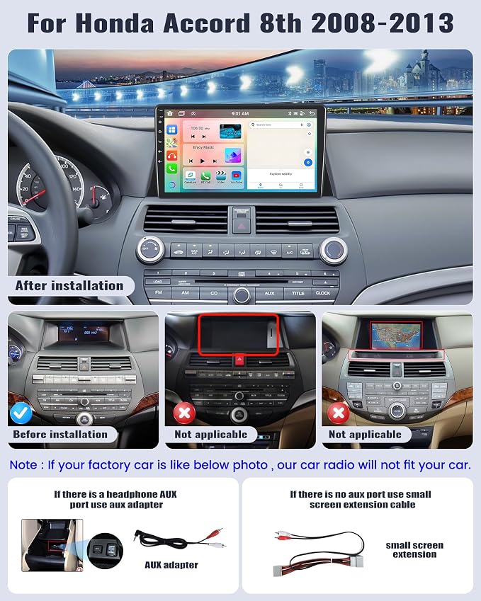 4G+64G Android Car Stereo for Honda Accord 2008 2009 2010 2011 2012 2013 Car Radio with Wireless Carplay Android Auto 10.1 Inch Touch Screen Head Unit Backup Camera WiFi GPS FM RDS Bluetooth