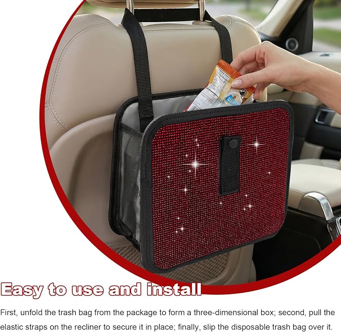 Bling Car Trash Can with Rhinestone, Sparkling Foldable Auto Garbage Container Hanging Back Seat Organizer, Crystal Dustbin Leakproof Garbage Can for Vehicle Home Office (Red)