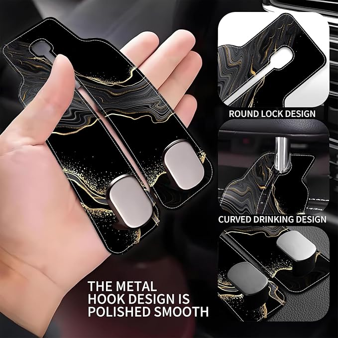 1 Pack Car Seat Headrest Hooks for Purses Abstract Black Golden Marble Bag Purse Holder for Car with Double Metal Hooks Car Purse Hanger Hanging Accessories