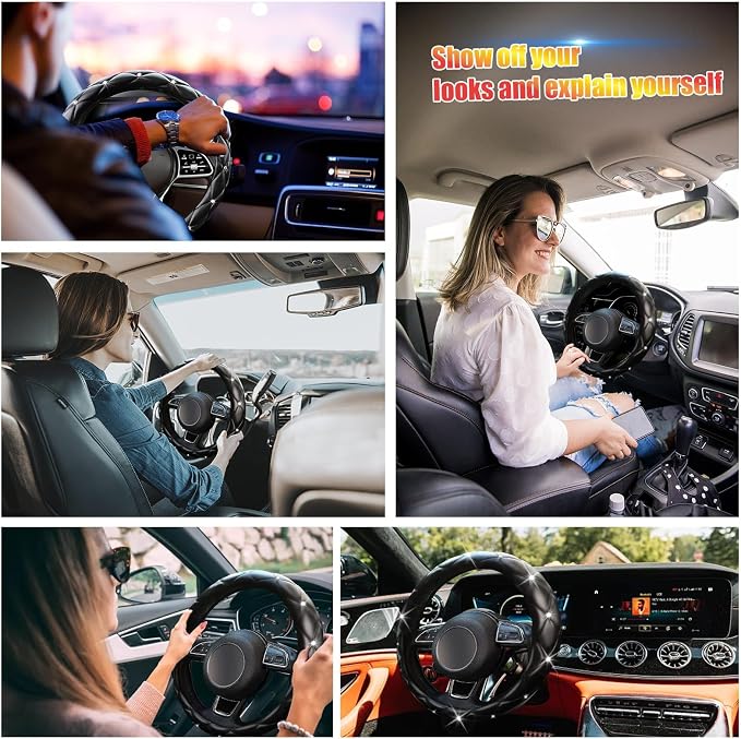 Steering Wheel Cover, Auto Cute PU Diamond Bling Breathable Soft Comfort Leather Car Interior Accessories Sparkly Fit Most O-Shaped Steering Wheels for Women Men (Black-Bling)