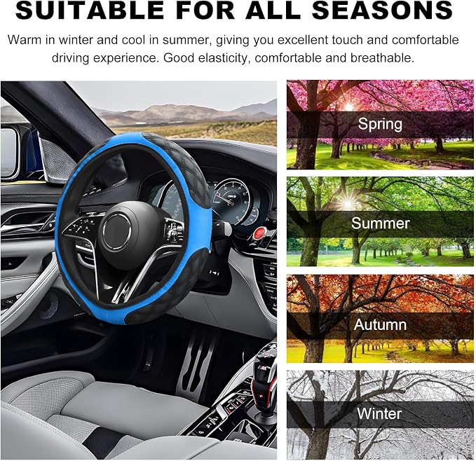 Car Steering Wheel Cover, 15 Inches Non-Slip Leather Steering Wheel Protector, Universal Soft Cover Mats for Car Truck SUV, Interior Car Accessories (Blue)