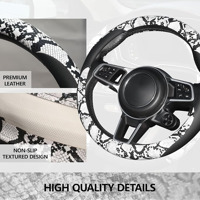 Snake Skin Steering Wheel Cover Leather 14.5-15 Inch, Reversible Car Steering Wheel Cover for Women Men, Anti-Slip Design, Universal Fit for Cars, SUVs, Black&White