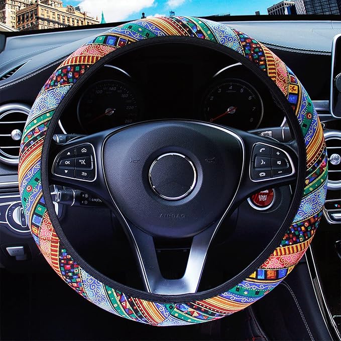 3 Pack Boho Steering Wheel Cover with Car Cup Holder Coasters Universal Baja Hippie Bohemian Style Steering Wheel Covers Cute Car Steering Wheel Cover for Women Girl 15 Inch (Orange)