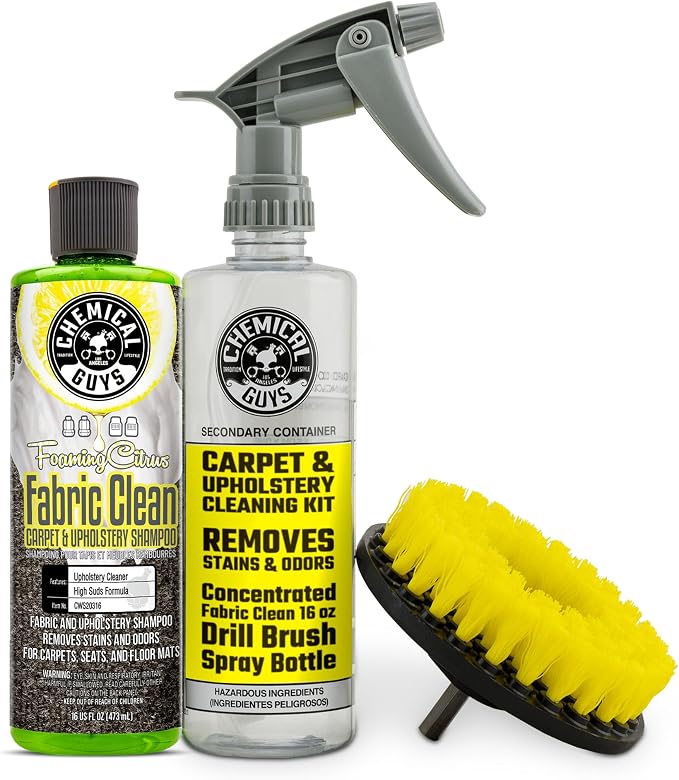 Foaming Citrus Fabric Clean Drill Brush Kit - High Foaming Stain and Odor Remover, Upholstery, Floor Mat & Car Carpet Cleaner, Deep Cleans & Deodorizes, Citrus Scent - 16 fl oz