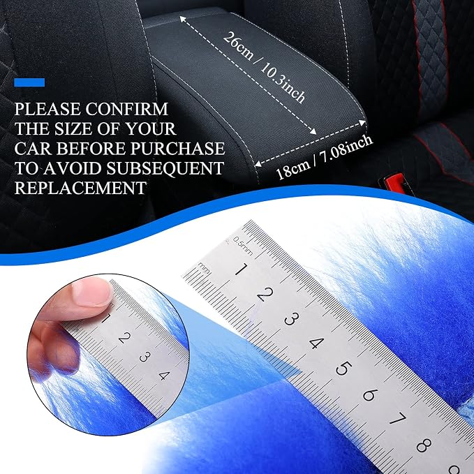 Furry Armrest Cover Auto Center Console Cover Car Soft Console Pad, Real Sheepskin Wool Soft Fluffy Auto Center Armrest Pad for Most Car Decoration Protector(Blue)