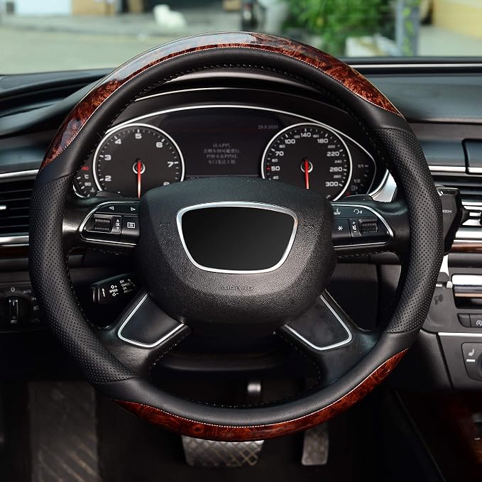 Small Size 14 inch Wood Grain Steering Wheel Cover, Black Microfiber Leather, Compatible for Prius Civic 14-14.25 inch Steering Wheel