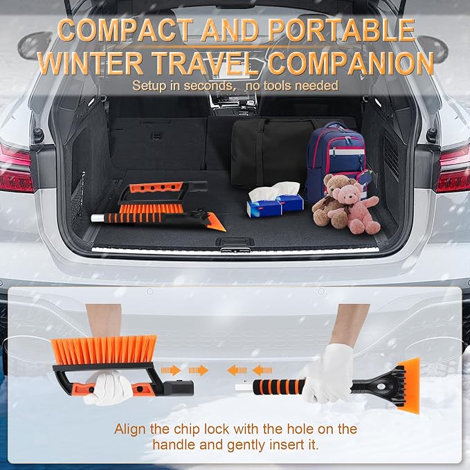 Ice Scraper and Snow Brush for Car Windshield, 24.75" Removable Snow Removal Tool, Automotive Exterior Accessories and Winter Essentials for Cars, Trucks, and SUVs,Orange
