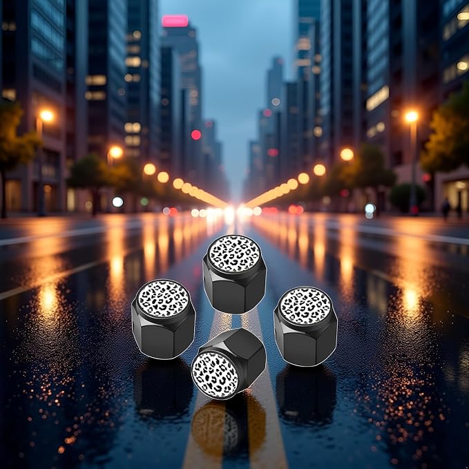 Tire Valve Stem Caps Cover,4 Pcs Metal Black Air Valve Cap, Aluminum Car Wheel Stem Caps,Universal Stem Covers for Cars,Trucks,Bikes,Bicycles, Motorcycles,Corrosion Resistant (White Leopard)