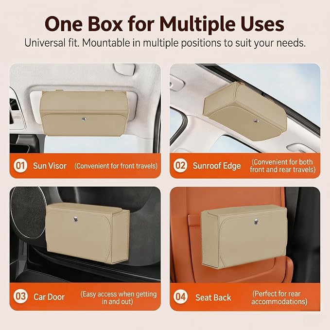 Magnetic Foldable Car Tissue Box - Easy-Install Tissue Holder for Sun Visors and Seat Backs,Premium Leather Car Napkin Organizer—Designed for Commuters,Rideshare Drivers and Families(Beige)