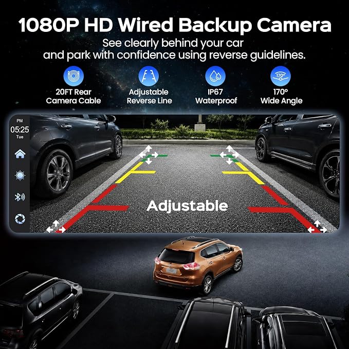10.26" Portable Apple CarPlay Screen for Car with Rotatable 4K Dash Cam, Wireless CarPlay & Android Auto Display with 1080P Backup Camera, 64GB Card Included, GPS Navigation, Voice Control