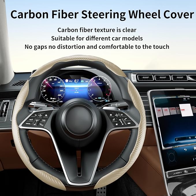 3Pcs Carbon Fiber Steering Wheel Cover Universal Fit 99% Cars | Non-slip soft grip, easy to wipe clean, quick to install, perfect for daily commutes and road trips, Beige