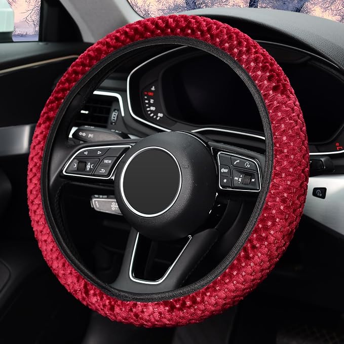 Elastic Short Microfiber Plush Steering Wheel Cover for Winter Warm, Universal 15 inch, Anti-Slip, Odorless, Wine Red