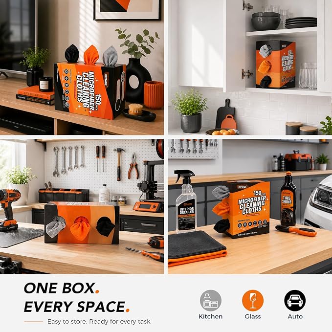 Microfiber Cleaning Cloth, 150 Pack Reusable Paper Towels Microfiber Towels for Cars Lint Free Shop Rags with Box for Home Kitchen Automotive, 11"x 9", Grey & Orange & Black